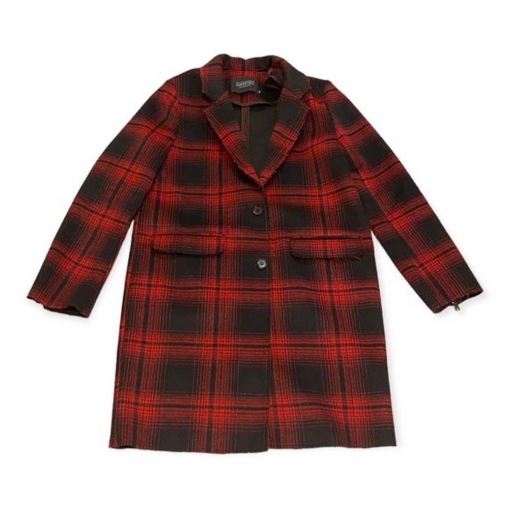 Eleven Paris Black Red Plaid Raw‑Edge Jacket – Wool Blend, Size Medium